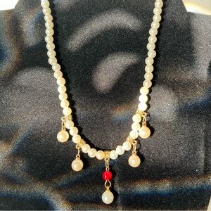 Handmade Elegant Faux Pearl and Gold Necklace with red accents - Chinese-style